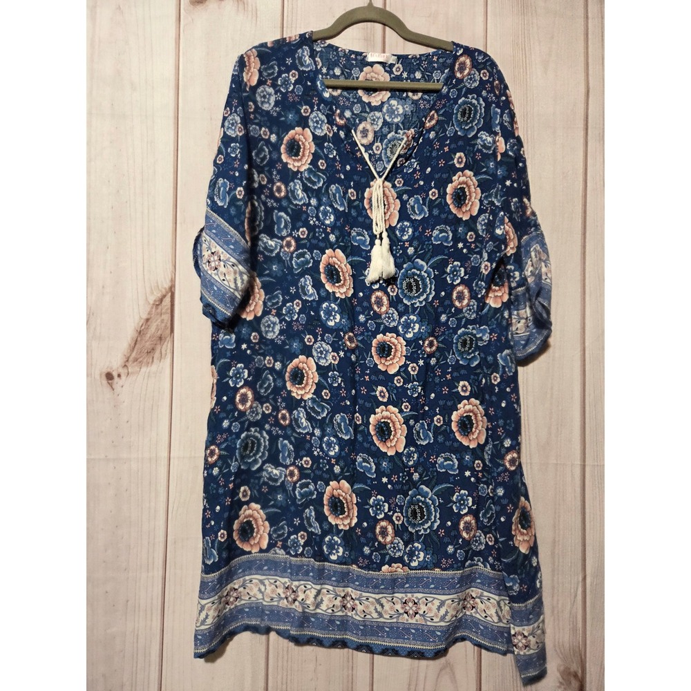 Halife Womens Blue‎ Floral Boho Tassel V-Neck Shift Dress XL Mini Short Sleeve